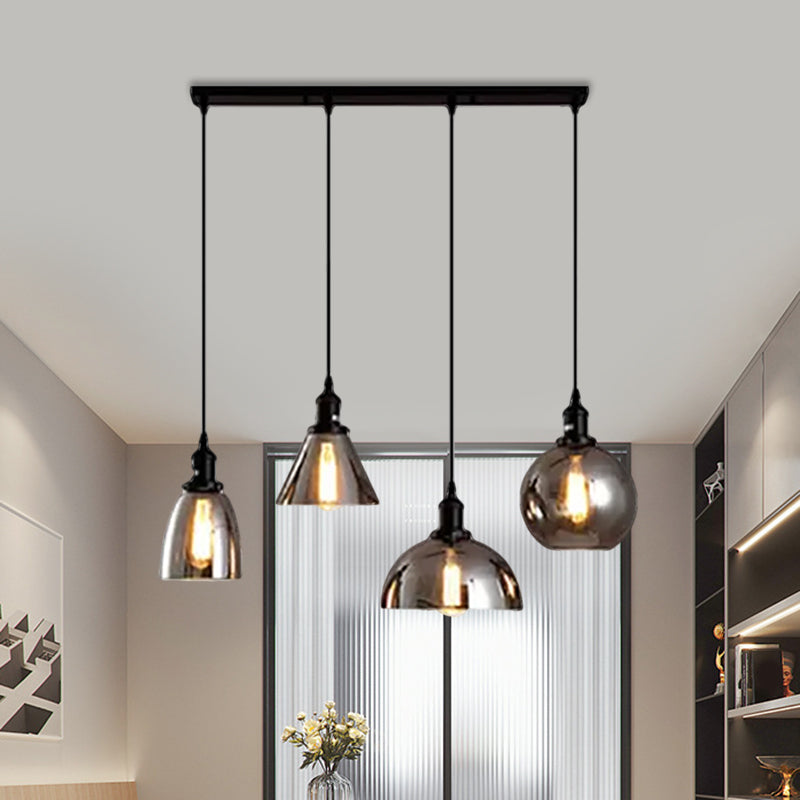 Black 3/4 Lights Multiple Hanging Light Industrial Smoked Glass Geometric Shade Cluster Pendant, Linear/Round Canopy Clearhalo 'Ceiling Lights' 'Glass shade' 'Glass' 'Industrial Pendants' 'Industrial' 'Middle Century Pendants' 'Pendant Lights' 'Pendants' 'Tiffany' Lighting' 1871265