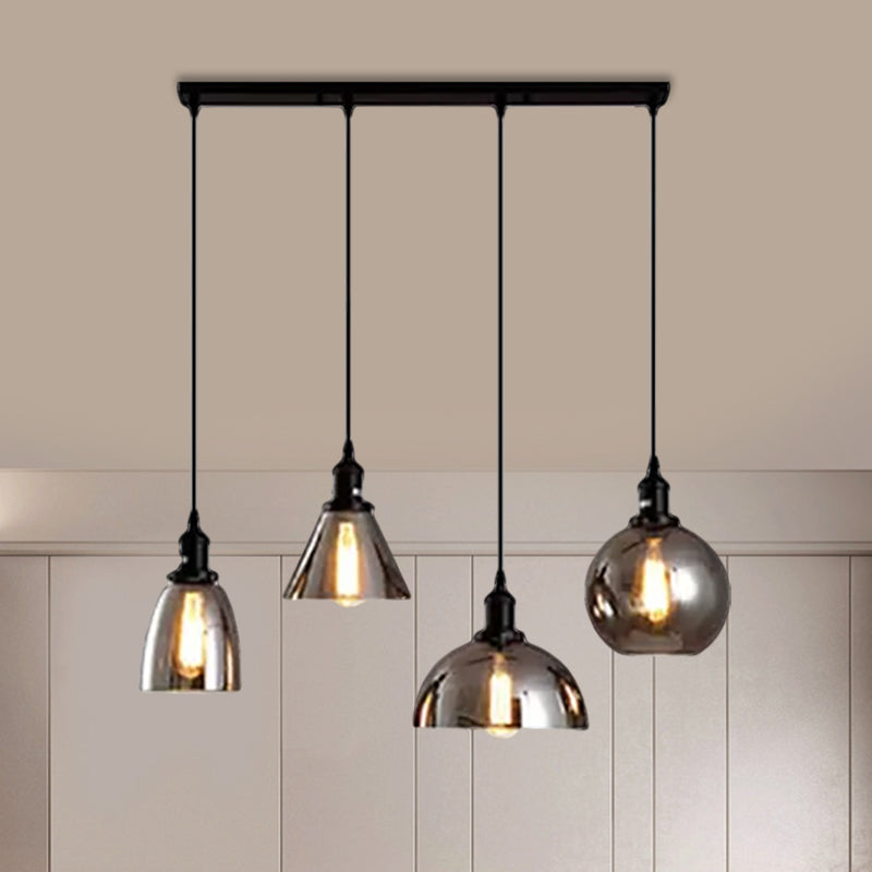 Black 3/4 Lights Multiple Hanging Light Industrial Smoked Glass Geometric Shade Cluster Pendant, Linear/Round Canopy Clearhalo 'Ceiling Lights' 'Glass shade' 'Glass' 'Industrial Pendants' 'Industrial' 'Middle Century Pendants' 'Pendant Lights' 'Pendants' 'Tiffany' Lighting' 1871266