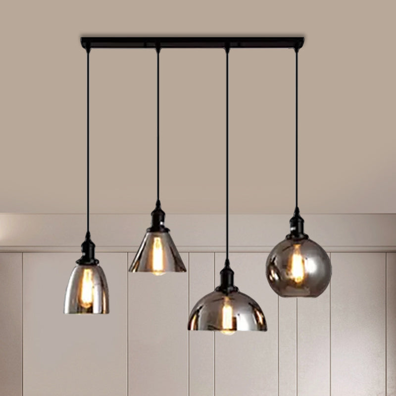 Black 3/4 Lights Multiple Hanging Light Industrial Smoked Glass Geometric Shade Cluster Pendant, Linear/Round Canopy Clearhalo 'Ceiling Lights' 'Glass shade' 'Glass' 'Industrial Pendants' 'Industrial' 'Middle Century Pendants' 'Pendant Lights' 'Pendants' 'Tiffany' Lighting' 1871266