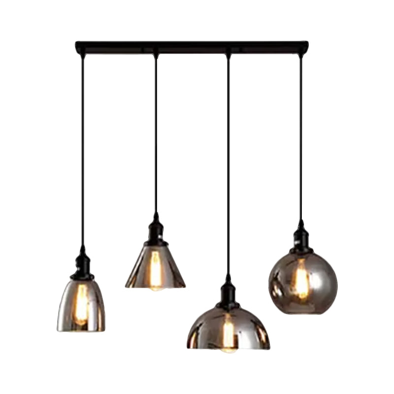 Black 3/4 Lights Multiple Hanging Light Industrial Smoked Glass Geometric Shade Cluster Pendant, Linear/Round Canopy Clearhalo 'Ceiling Lights' 'Glass shade' 'Glass' 'Industrial Pendants' 'Industrial' 'Middle Century Pendants' 'Pendant Lights' 'Pendants' 'Tiffany' Lighting' 1871267