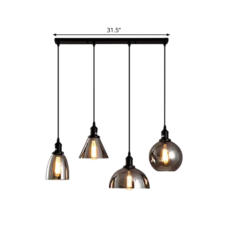 Black 3/4 Lights Multiple Hanging Light Industrial Smoked Glass Geometric Shade Cluster Pendant, Linear/Round Canopy Clearhalo 'Ceiling Lights' 'Glass shade' 'Glass' 'Industrial Pendants' 'Industrial' 'Middle Century Pendants' 'Pendant Lights' 'Pendants' 'Tiffany' Lighting' 1871268