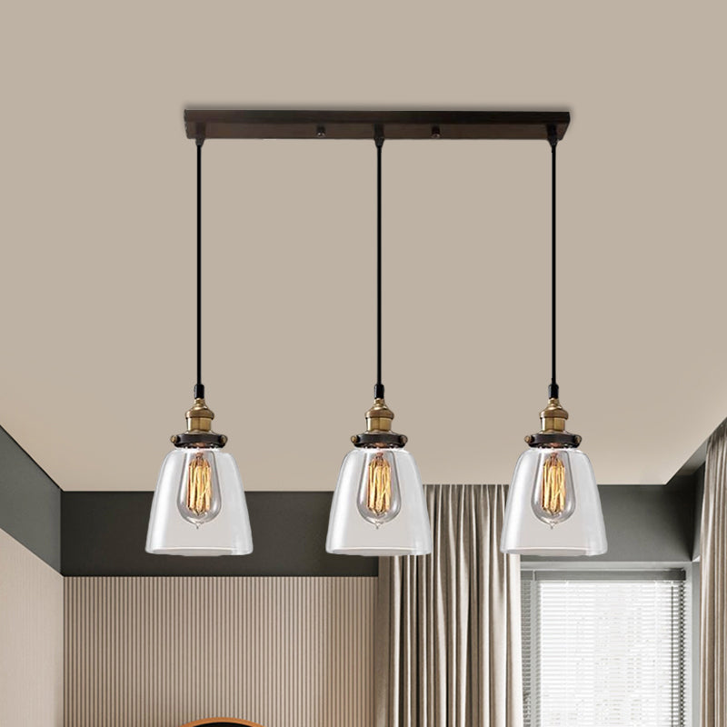 Cone/Bowl Smoked Glass Multi-Light Pendant Industrial 3-Light Coffee Shop Hanging Lamp, Linear/Round Canopy Clearhalo 'Ceiling Lights' 'Glass shade' 'Glass' 'Industrial Pendants' 'Industrial' 'Middle Century Pendants' 'Pendant Lights' 'Pendants' 'Tiffany' Lighting' 1871270