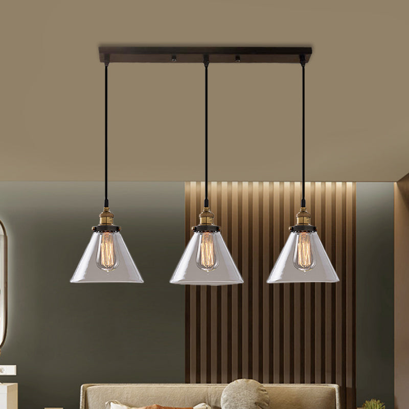 Cone/Bowl Smoked Glass Multi-Light Pendant Industrial 3-Light Coffee Shop Hanging Lamp, Linear/Round Canopy Clearhalo 'Ceiling Lights' 'Glass shade' 'Glass' 'Industrial Pendants' 'Industrial' 'Middle Century Pendants' 'Pendant Lights' 'Pendants' 'Tiffany' Lighting' 1871275