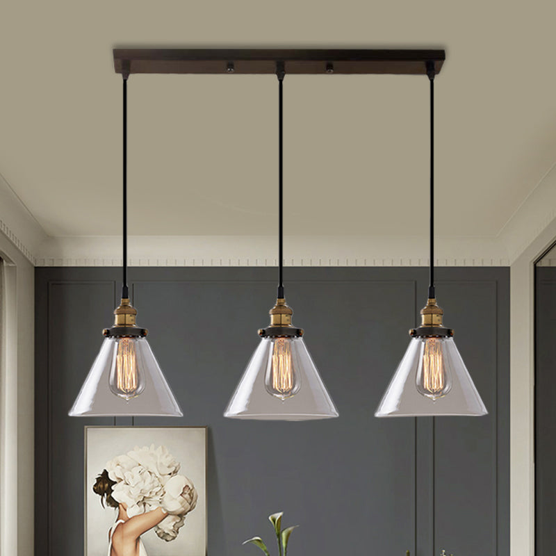 Cone/Bowl Smoked Glass Multi-Light Pendant Industrial 3-Light Coffee Shop Hanging Lamp, Linear/Round Canopy Clearhalo 'Ceiling Lights' 'Glass shade' 'Glass' 'Industrial Pendants' 'Industrial' 'Middle Century Pendants' 'Pendant Lights' 'Pendants' 'Tiffany' Lighting' 1871276