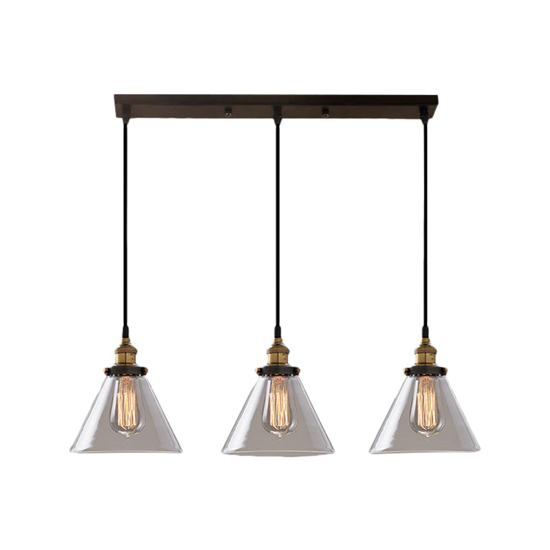Cone/Bowl Smoked Glass Multi-Light Pendant Industrial 3-Light Coffee Shop Hanging Lamp, Linear/Round Canopy Clearhalo 'Ceiling Lights' 'Glass shade' 'Glass' 'Industrial Pendants' 'Industrial' 'Middle Century Pendants' 'Pendant Lights' 'Pendants' 'Tiffany' Lighting' 1871277