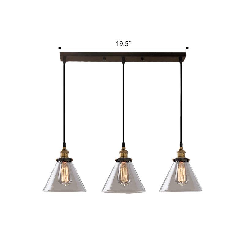 Cone/Bowl Smoked Glass Multi-Light Pendant Industrial 3-Light Coffee Shop Hanging Lamp, Linear/Round Canopy Clearhalo 'Ceiling Lights' 'Glass shade' 'Glass' 'Industrial Pendants' 'Industrial' 'Middle Century Pendants' 'Pendant Lights' 'Pendants' 'Tiffany' Lighting' 1871278