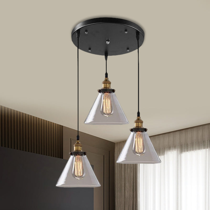Cone/Bowl Smoked Glass Multi-Light Pendant Industrial 3-Light Coffee Shop Hanging Lamp, Linear/Round Canopy Smoke Gray Cone Round Clearhalo 'Ceiling Lights' 'Glass shade' 'Glass' 'Industrial Pendants' 'Industrial' 'Middle Century Pendants' 'Pendant Lights' 'Pendants' 'Tiffany' Lighting' 1871279