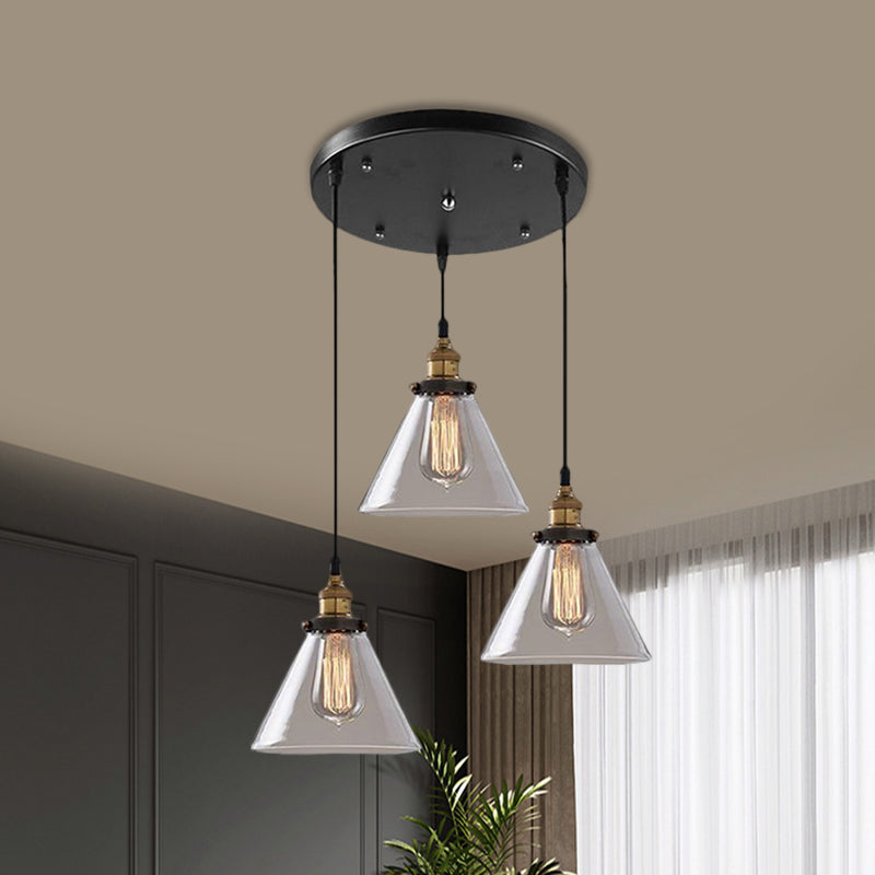 Cone/Bowl Smoked Glass Multi-Light Pendant Industrial 3-Light Coffee Shop Hanging Lamp, Linear/Round Canopy Clearhalo 'Ceiling Lights' 'Glass shade' 'Glass' 'Industrial Pendants' 'Industrial' 'Middle Century Pendants' 'Pendant Lights' 'Pendants' 'Tiffany' Lighting' 1871280