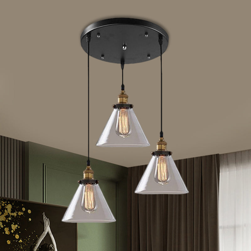 Cone/Bowl Smoked Glass Multi-Light Pendant Industrial 3-Light Coffee Shop Hanging Lamp, Linear/Round Canopy Clearhalo 'Ceiling Lights' 'Glass shade' 'Glass' 'Industrial Pendants' 'Industrial' 'Middle Century Pendants' 'Pendant Lights' 'Pendants' 'Tiffany' Lighting' 1871281