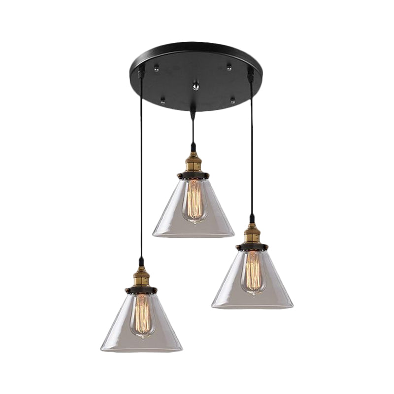 Cone/Bowl Smoked Glass Multi-Light Pendant Industrial 3-Light Coffee Shop Hanging Lamp, Linear/Round Canopy Clearhalo 'Ceiling Lights' 'Glass shade' 'Glass' 'Industrial Pendants' 'Industrial' 'Middle Century Pendants' 'Pendant Lights' 'Pendants' 'Tiffany' Lighting' 1871282