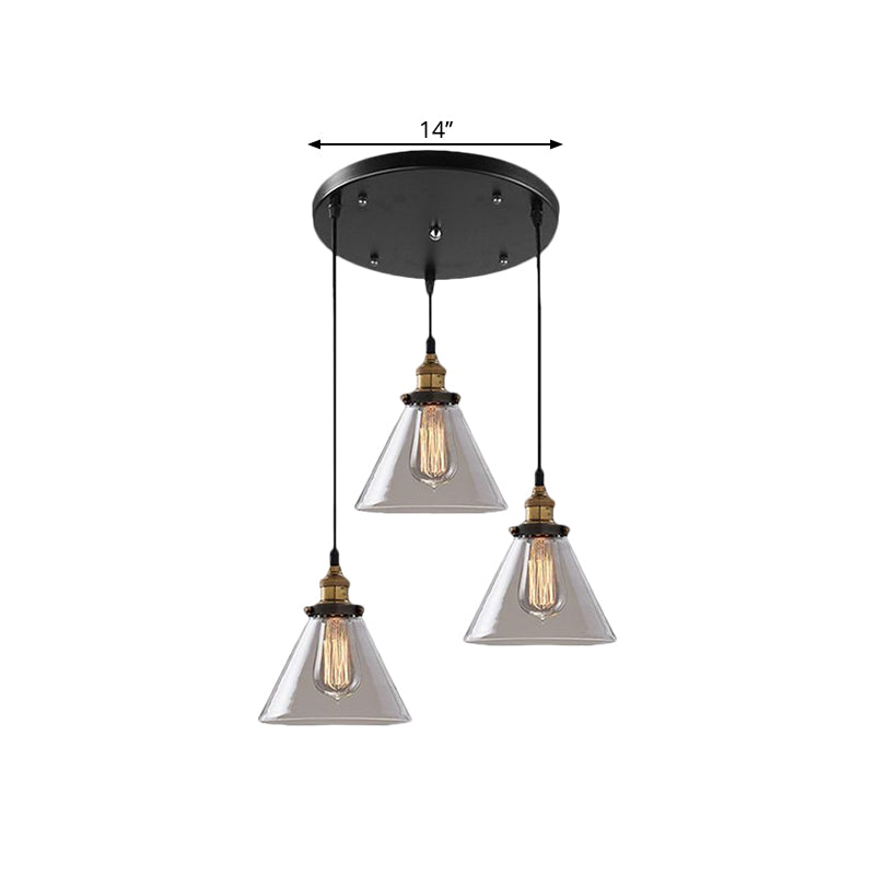 Cone/Bowl Smoked Glass Multi-Light Pendant Industrial 3-Light Coffee Shop Hanging Lamp, Linear/Round Canopy Clearhalo 'Ceiling Lights' 'Glass shade' 'Glass' 'Industrial Pendants' 'Industrial' 'Middle Century Pendants' 'Pendant Lights' 'Pendants' 'Tiffany' Lighting' 1871283