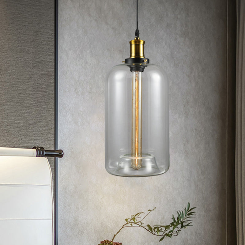 1 Light Cylinder/Dome/Schoolhouse Ceiling Pendant Light Vintage Brass Clear Glass Hanging Lamp for Indoor Clear B Clearhalo 'Ceiling Lights' 'Glass shade' 'Glass' 'Pendant Lights' 'Pendants' Lighting' 1871304