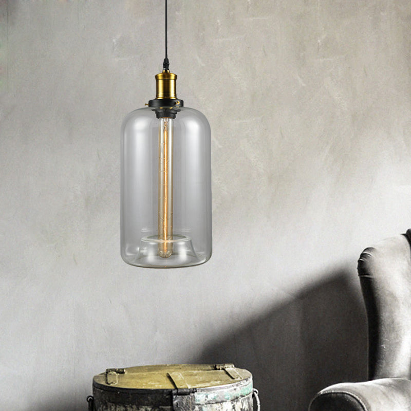 1 Light Cylinder/Dome/Schoolhouse Ceiling Pendant Light Vintage Brass Clear Glass Hanging Lamp for Indoor Clearhalo 'Ceiling Lights' 'Glass shade' 'Glass' 'Pendant Lights' 'Pendants' Lighting' 1871305