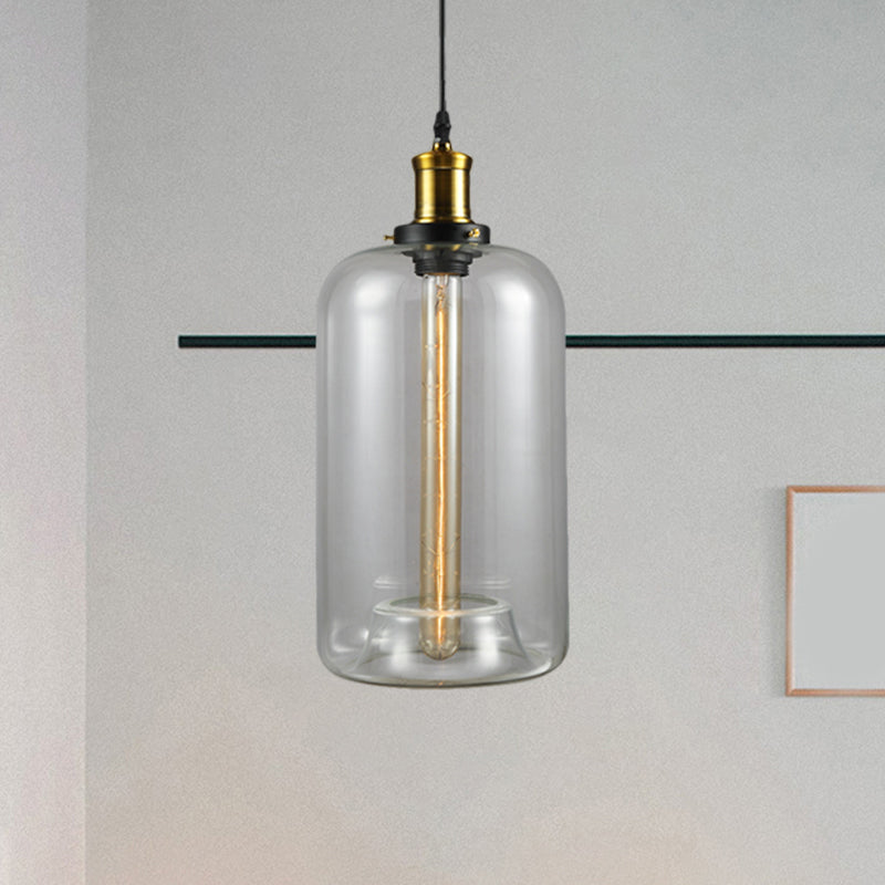 1 Light Cylinder/Dome/Schoolhouse Ceiling Pendant Light Vintage Brass Clear Glass Hanging Lamp for Indoor Clearhalo 'Ceiling Lights' 'Glass shade' 'Glass' 'Pendant Lights' 'Pendants' Lighting' 1871306
