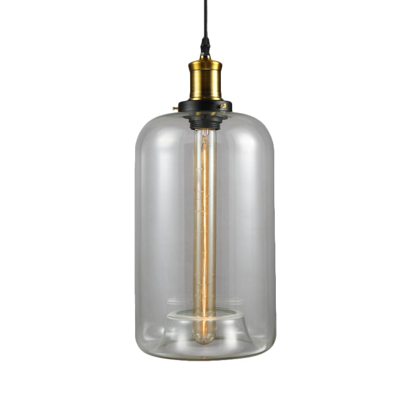 1 Light Cylinder/Dome/Schoolhouse Ceiling Pendant Light Vintage Brass Clear Glass Hanging Lamp for Indoor Clearhalo 'Ceiling Lights' 'Glass shade' 'Glass' 'Pendant Lights' 'Pendants' Lighting' 1871307