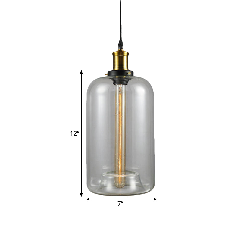 1 Light Cylinder/Dome/Schoolhouse Ceiling Pendant Light Vintage Brass Clear Glass Hanging Lamp for Indoor Clearhalo 'Ceiling Lights' 'Glass shade' 'Glass' 'Pendant Lights' 'Pendants' Lighting' 1871308