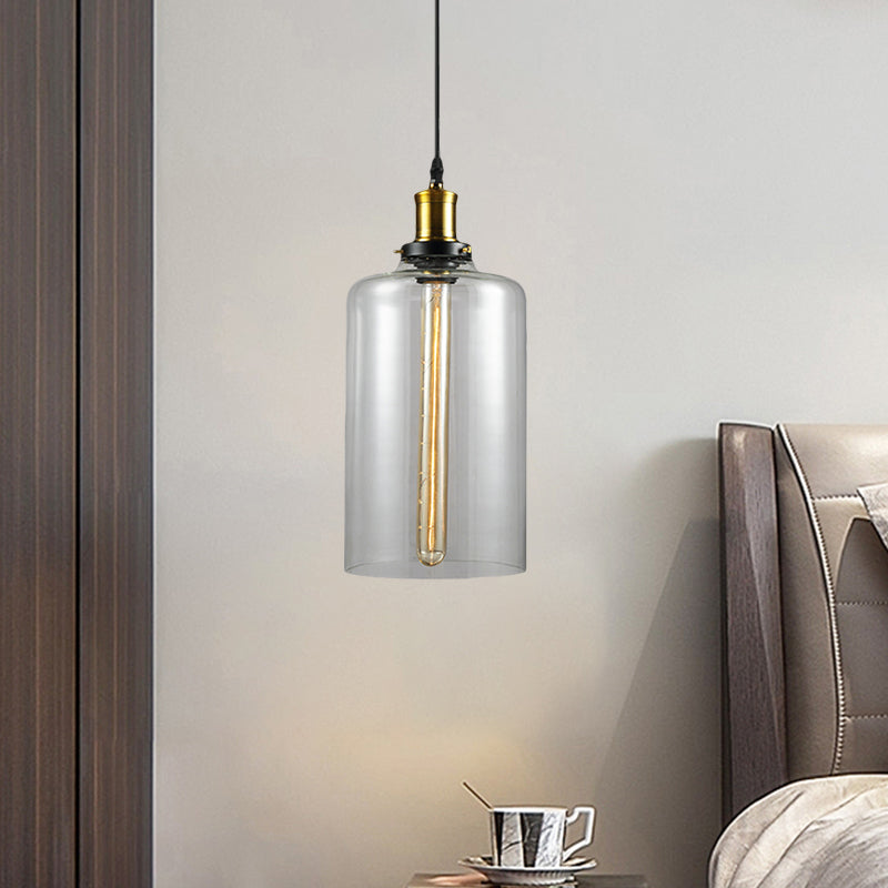 1 Light Cylinder/Dome/Schoolhouse Ceiling Pendant Light Vintage Brass Clear Glass Hanging Lamp for Indoor Clearhalo 'Ceiling Lights' 'Glass shade' 'Glass' 'Pendant Lights' 'Pendants' Lighting' 1871310