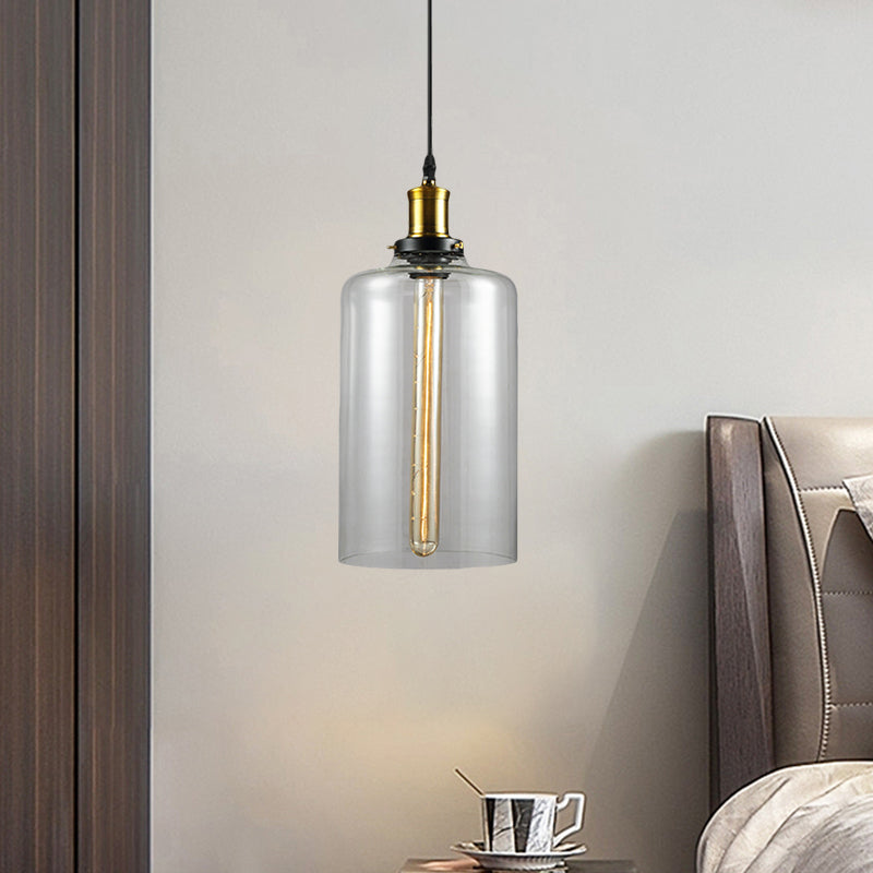 1 Light Cylinder/Dome/Schoolhouse Ceiling Pendant Light Vintage Brass Clear Glass Hanging Lamp for Indoor Clearhalo 'Ceiling Lights' 'Glass shade' 'Glass' 'Pendant Lights' 'Pendants' Lighting' 1871310