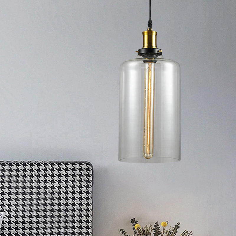 1 Light Cylinder/Dome/Schoolhouse Ceiling Pendant Light Vintage Brass Clear Glass Hanging Lamp for Indoor Clearhalo 'Ceiling Lights' 'Glass shade' 'Glass' 'Pendant Lights' 'Pendants' Lighting' 1871311
