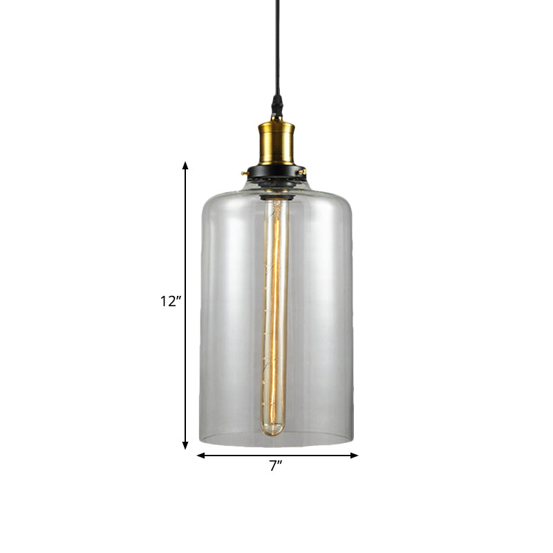 1 Light Cylinder/Dome/Schoolhouse Ceiling Pendant Light Vintage Brass Clear Glass Hanging Lamp for Indoor Clearhalo 'Ceiling Lights' 'Glass shade' 'Glass' 'Pendant Lights' 'Pendants' Lighting' 1871313