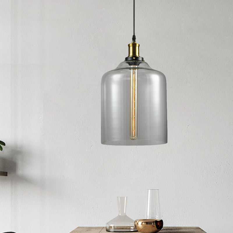 1 Light Cylinder/Globe Pendant Lighting Fixture Industrial Brass Clear Glass Hanging Ceiling Light Clear Cylinder Clearhalo 'Ceiling Lights' 'Glass shade' 'Glass' 'Pendant Lights' 'Pendants' Lighting' 1871319