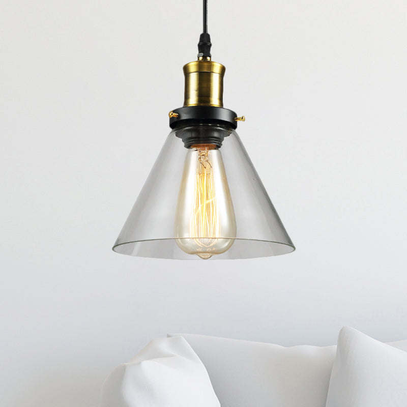 Brass 1 Light Hanging Ceiling Light Vintage Clear Glass Cone/Globe Pendants Lighting for Living Room Clearhalo 'Ceiling Lights' 'Glass shade' 'Glass' 'Industrial Pendants' 'Industrial' 'Middle Century Pendants' 'Pendant Lights' 'Pendants' 'Tiffany' Lighting' 1871326
