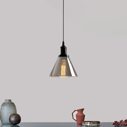 Black 1 Light Ceiling Pendant Light Industrial Smoked Glass Cone/Dome Hanging Lamp for Living Room Smoke Gray Cone Clearhalo 'Ceiling Lights' 'Chandeliers' 'Glass shade' 'Glass' 'Industrial Pendants' 'Industrial' 'Middle Century Pendants' 'Pendant Lights' 'Pendants' 'Tiffany' Lighting' 1871339