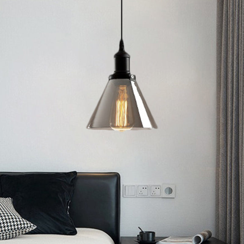 Black 1 Light Ceiling Pendant Light Industrial Smoked Glass Cone/Dome Hanging Lamp for Living Room Clearhalo 'Ceiling Lights' 'Chandeliers' 'Glass shade' 'Glass' 'Industrial Pendants' 'Industrial' 'Middle Century Pendants' 'Pendant Lights' 'Pendants' 'Tiffany' Lighting' 1871340