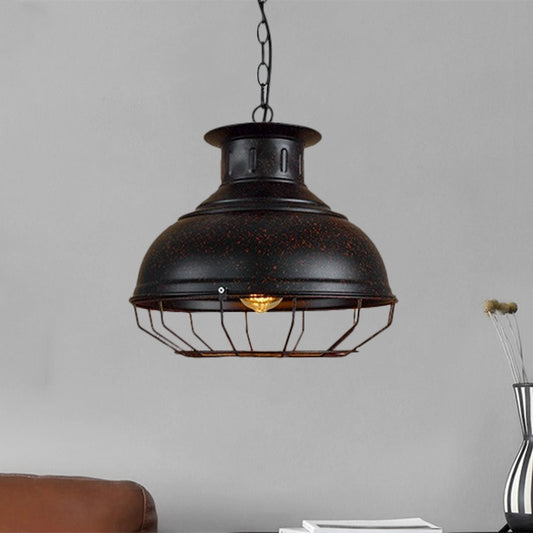 Black/Rust Bowl Shade Pendant Lamp with Wire Cage Vintage Style Metal 1 Light Coffee Shop Ceiling Lamp Rust Clearhalo 'Art Deco Pendants' 'Black' 'Cast Iron' 'Ceiling Lights' 'Ceramic' 'Crystal' 'Industrial Pendants' 'Industrial' 'Metal' 'Middle Century Pendants' 'Pendant Lights' 'Pendants' 'Rustic Pendants' 'Tiffany' Lighting' 1871349