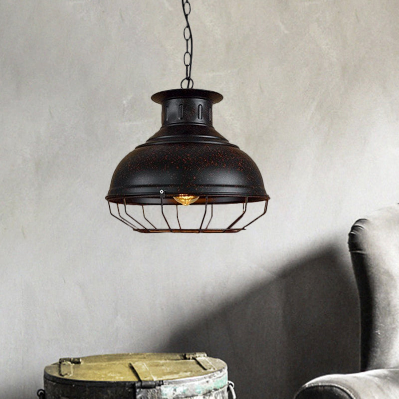 Black/Rust Bowl Shade Pendant Lamp with Wire Cage Vintage Style Metal 1 Light Coffee Shop Ceiling Lamp Clearhalo 'Art Deco Pendants' 'Black' 'Cast Iron' 'Ceiling Lights' 'Ceramic' 'Crystal' 'Industrial Pendants' 'Industrial' 'Metal' 'Middle Century Pendants' 'Pendant Lights' 'Pendants' 'Rustic Pendants' 'Tiffany' Lighting' 1871351