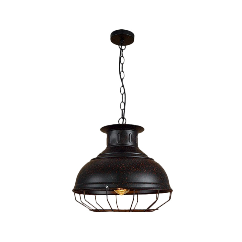 Black/Rust Bowl Shade Pendant Lamp with Wire Cage Vintage Style Metal 1 Light Coffee Shop Ceiling Lamp Clearhalo 'Art Deco Pendants' 'Black' 'Cast Iron' 'Ceiling Lights' 'Ceramic' 'Crystal' 'Industrial Pendants' 'Industrial' 'Metal' 'Middle Century Pendants' 'Pendant Lights' 'Pendants' 'Rustic Pendants' 'Tiffany' Lighting' 1871352