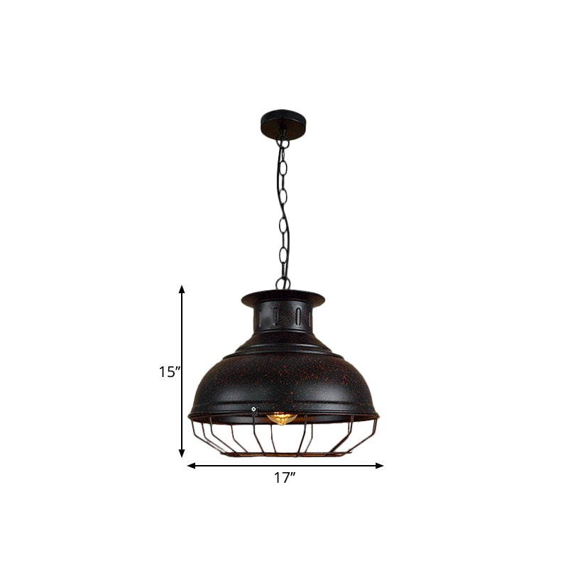 Black/Rust Bowl Shade Pendant Lamp with Wire Cage Vintage Style Metal 1 Light Coffee Shop Ceiling Lamp Clearhalo 'Art Deco Pendants' 'Black' 'Cast Iron' 'Ceiling Lights' 'Ceramic' 'Crystal' 'Industrial Pendants' 'Industrial' 'Metal' 'Middle Century Pendants' 'Pendant Lights' 'Pendants' 'Rustic Pendants' 'Tiffany' Lighting' 1871353