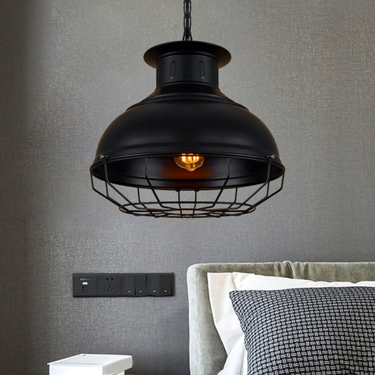 Black/Rust Bowl Shade Pendant Lamp with Wire Cage Vintage Style Metal 1 Light Coffee Shop Ceiling Lamp Black Clearhalo 'Art Deco Pendants' 'Black' 'Cast Iron' 'Ceiling Lights' 'Ceramic' 'Crystal' 'Industrial Pendants' 'Industrial' 'Metal' 'Middle Century Pendants' 'Pendant Lights' 'Pendants' 'Rustic Pendants' 'Tiffany' Lighting' 1871354