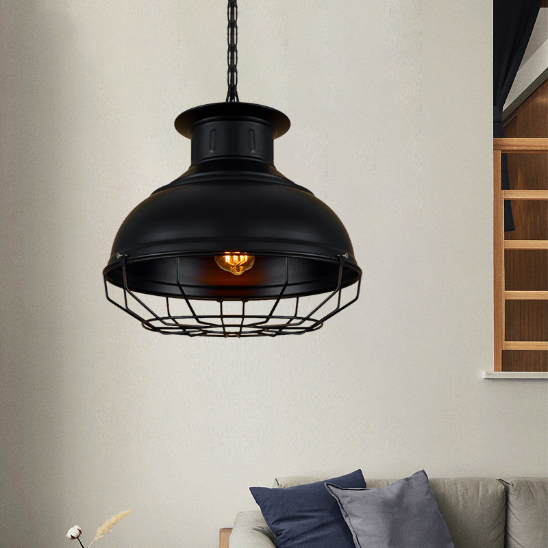 Black/Rust Bowl Shade Pendant Lamp with Wire Cage Vintage Style Metal 1 Light Coffee Shop Ceiling Lamp Clearhalo 'Art Deco Pendants' 'Black' 'Cast Iron' 'Ceiling Lights' 'Ceramic' 'Crystal' 'Industrial Pendants' 'Industrial' 'Metal' 'Middle Century Pendants' 'Pendant Lights' 'Pendants' 'Rustic Pendants' 'Tiffany' Lighting' 1871355