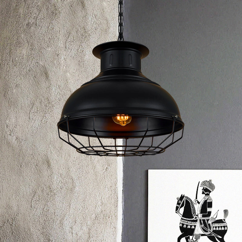 Black/Rust Bowl Shade Pendant Lamp with Wire Cage Vintage Style Metal 1 Light Coffee Shop Ceiling Lamp Clearhalo 'Art Deco Pendants' 'Black' 'Cast Iron' 'Ceiling Lights' 'Ceramic' 'Crystal' 'Industrial Pendants' 'Industrial' 'Metal' 'Middle Century Pendants' 'Pendant Lights' 'Pendants' 'Rustic Pendants' 'Tiffany' Lighting' 1871356