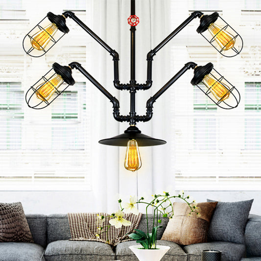 5 Lights Wire Cage Suspended Light Industrial Style Chandelier Lamp with Water Pipe for Dining Room Clearhalo 'Cast Iron' 'Ceiling Lights' 'Chandeliers' 'Industrial Chandeliers' 'Industrial' 'Metal' 'Middle Century Chandeliers' 'Rustic Chandeliers' 'Tiffany' Lighting' 1871370