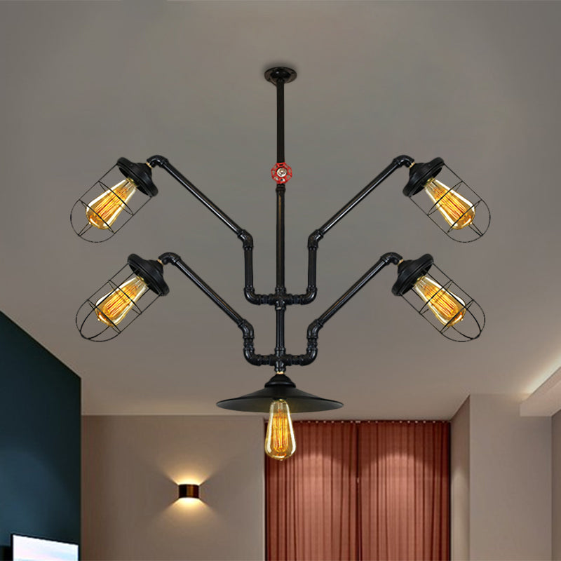 5 Lights Wire Cage Suspended Light Industrial Style Chandelier Lamp with Water Pipe for Dining Room Clearhalo 'Cast Iron' 'Ceiling Lights' 'Chandeliers' 'Industrial Chandeliers' 'Industrial' 'Metal' 'Middle Century Chandeliers' 'Rustic Chandeliers' 'Tiffany' Lighting' 1871371
