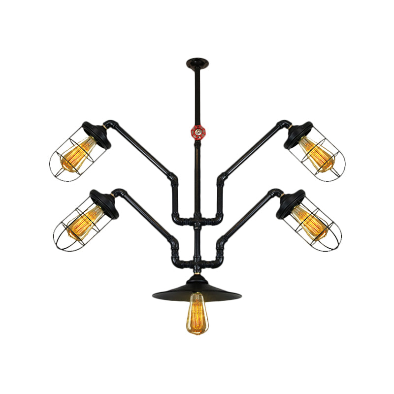 5 Lights Wire Cage Suspended Light Industrial Style Chandelier Lamp with Water Pipe for Dining Room Clearhalo 'Cast Iron' 'Ceiling Lights' 'Chandeliers' 'Industrial Chandeliers' 'Industrial' 'Metal' 'Middle Century Chandeliers' 'Rustic Chandeliers' 'Tiffany' Lighting' 1871372