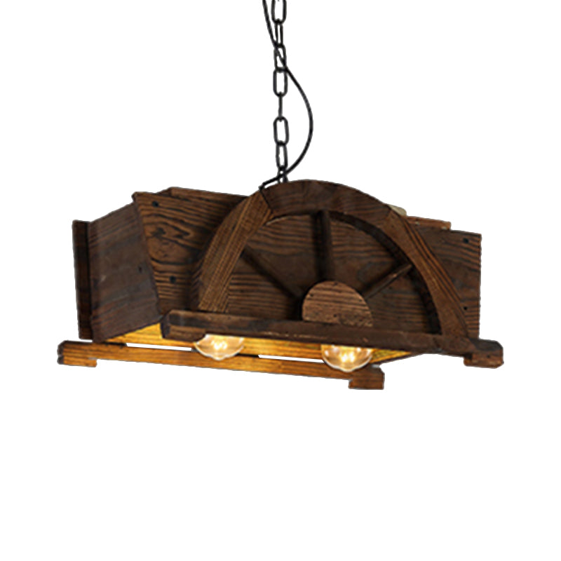 Brown Wood Rectangle Hanging Light 2-bulb Antique Ceiling Fixture for Restaurant Clearhalo 'Ceiling Lights' 'Chandeliers' Lighting' options 1871377
