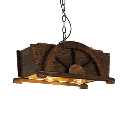 Brown Wood Rectangle Hanging Light 2-bulb Antique Ceiling Fixture for Restaurant Clearhalo 'Ceiling Lights' 'Chandeliers' Lighting' options 1871377