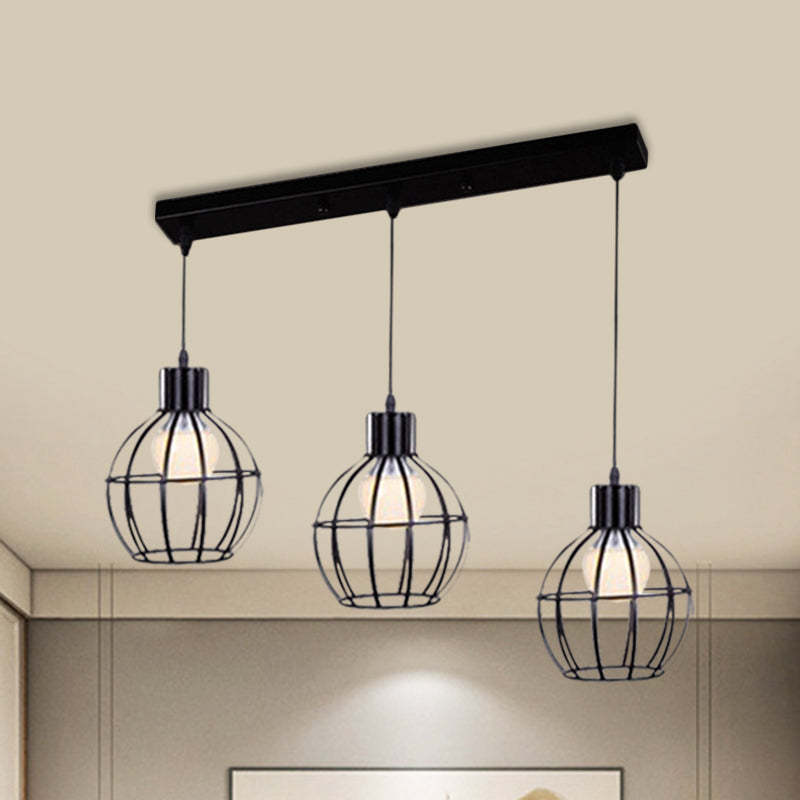 3 Lights Global Suspended Light with Cage Shade Vintage Stylish Black Metallic Ceiling Lamp Black Linear Clearhalo 'Art Deco Pendants' 'Black' 'Cast Iron' 'Ceiling Lights' 'Ceramic' 'Crystal' 'Industrial Pendants' 'Industrial' 'Metal' 'Middle Century Pendants' 'Pendant Lights' 'Pendants' 'Rustic Pendants' 'Tiffany' Lighting' 1871410