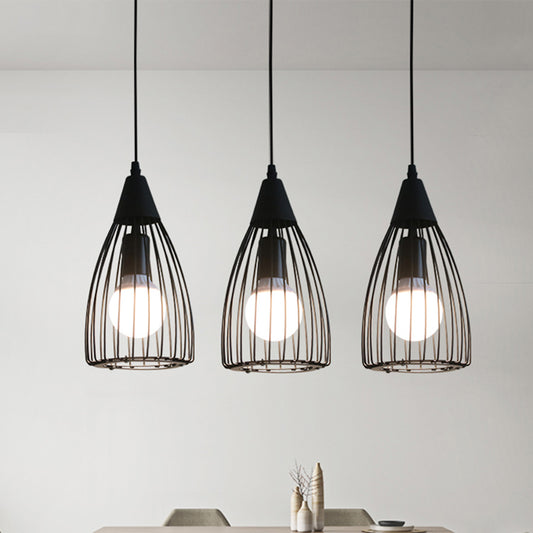 Retro Style Conic Ceiling Fixture 3 Bulbs Metallic Hanging Light with Wire Frame in Black for Dining Room Black Linear Clearhalo 'Ceiling Lights' 'Glass shade' 'Glass' 'Industrial Pendants' 'Industrial' 'Middle Century Pendants' 'Pendant Lights' 'Pendants' 'Tiffany' Lighting' 1871420