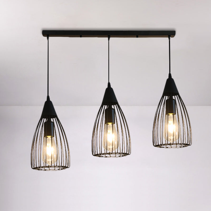 Retro Style Conic Ceiling Fixture 3 Bulbs Metallic Hanging Light with Wire Frame in Black for Dining Room Clearhalo 'Ceiling Lights' 'Glass shade' 'Glass' 'Industrial Pendants' 'Industrial' 'Middle Century Pendants' 'Pendant Lights' 'Pendants' 'Tiffany' Lighting' 1871421