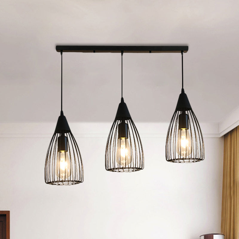 Retro Style Conic Ceiling Fixture 3 Bulbs Metallic Hanging Light with Wire Frame in Black for Dining Room Clearhalo 'Ceiling Lights' 'Glass shade' 'Glass' 'Industrial Pendants' 'Industrial' 'Middle Century Pendants' 'Pendant Lights' 'Pendants' 'Tiffany' Lighting' 1871422