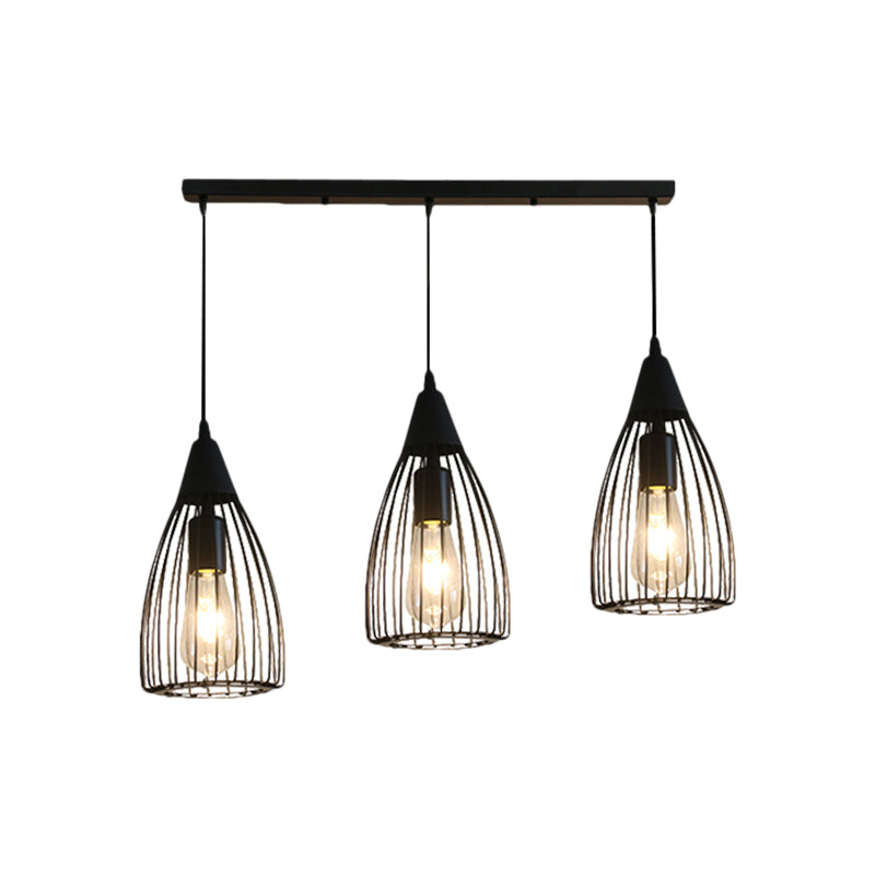Retro Style Conic Ceiling Fixture 3 Bulbs Metallic Hanging Light with Wire Frame in Black for Dining Room Clearhalo 'Ceiling Lights' 'Glass shade' 'Glass' 'Industrial Pendants' 'Industrial' 'Middle Century Pendants' 'Pendant Lights' 'Pendants' 'Tiffany' Lighting' 1871423
