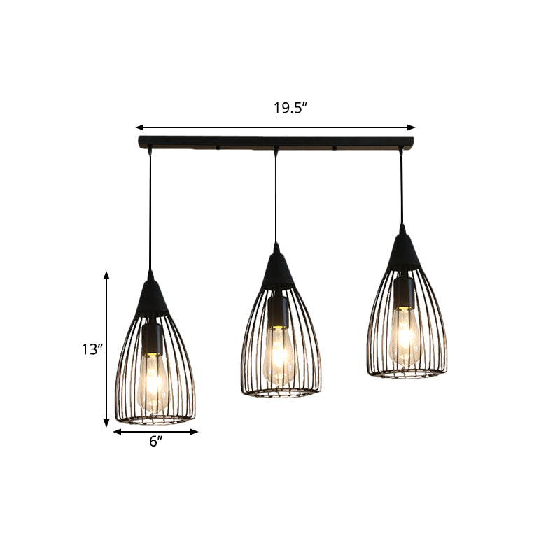 Retro Style Conic Ceiling Fixture 3 Bulbs Metallic Hanging Light with Wire Frame in Black for Dining Room Clearhalo 'Ceiling Lights' 'Glass shade' 'Glass' 'Industrial Pendants' 'Industrial' 'Middle Century Pendants' 'Pendant Lights' 'Pendants' 'Tiffany' Lighting' 1871424