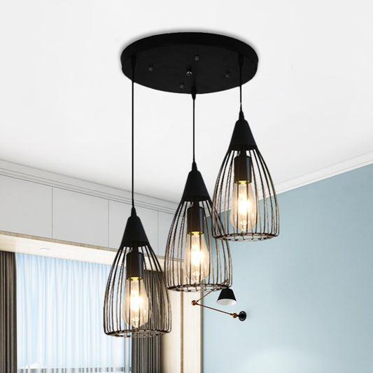 Retro Style Conic Ceiling Fixture 3 Bulbs Metallic Hanging Light with Wire Frame in Black for Dining Room Black Round Clearhalo 'Ceiling Lights' 'Glass shade' 'Glass' 'Industrial Pendants' 'Industrial' 'Middle Century Pendants' 'Pendant Lights' 'Pendants' 'Tiffany' Lighting' 1871425