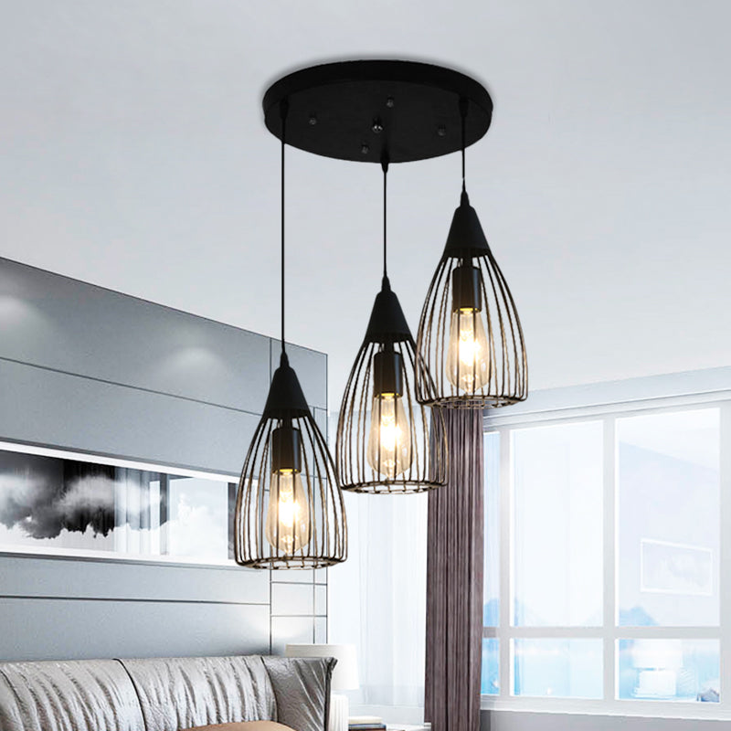 Retro Style Conic Ceiling Fixture 3 Bulbs Metallic Hanging Light with Wire Frame in Black for Dining Room Clearhalo 'Ceiling Lights' 'Glass shade' 'Glass' 'Industrial Pendants' 'Industrial' 'Middle Century Pendants' 'Pendant Lights' 'Pendants' 'Tiffany' Lighting' 1871426