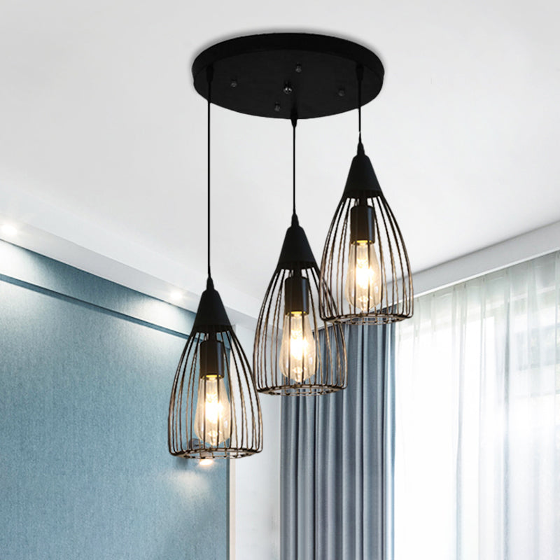 Retro Style Conic Ceiling Fixture 3 Bulbs Metallic Hanging Light with Wire Frame in Black for Dining Room Clearhalo 'Ceiling Lights' 'Glass shade' 'Glass' 'Industrial Pendants' 'Industrial' 'Middle Century Pendants' 'Pendant Lights' 'Pendants' 'Tiffany' Lighting' 1871427