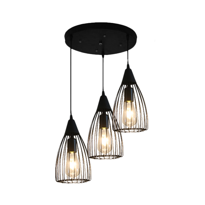 Retro Style Conic Ceiling Fixture 3 Bulbs Metallic Hanging Light with Wire Frame in Black for Dining Room Clearhalo 'Ceiling Lights' 'Glass shade' 'Glass' 'Industrial Pendants' 'Industrial' 'Middle Century Pendants' 'Pendant Lights' 'Pendants' 'Tiffany' Lighting' 1871428